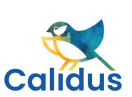 Kleurreijk koolmeesje bovenop het woord Calidus